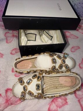 Authentic Gucci White Espadrilles with Gold-Tone Crystal Accents
